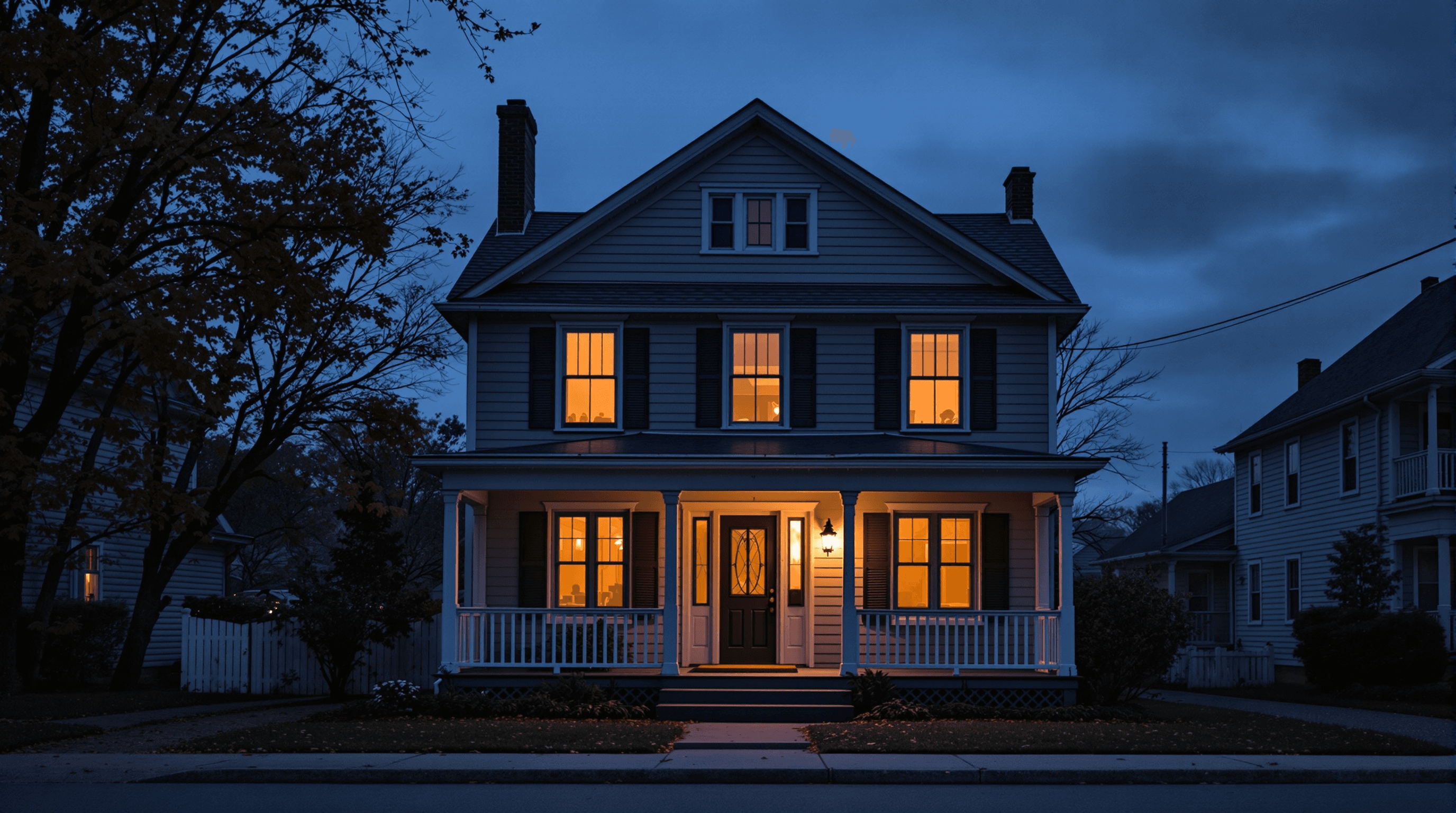 An American suburban home at twilight, dignified but visibly weathered.