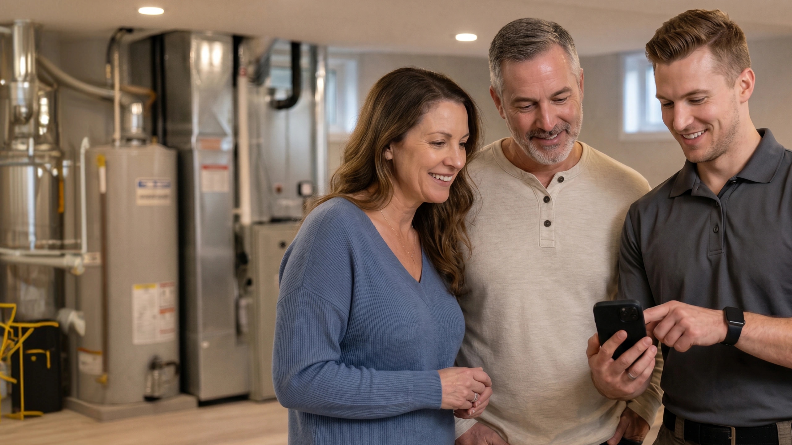 A service pro and a homeowner looking at the Shipshape app together