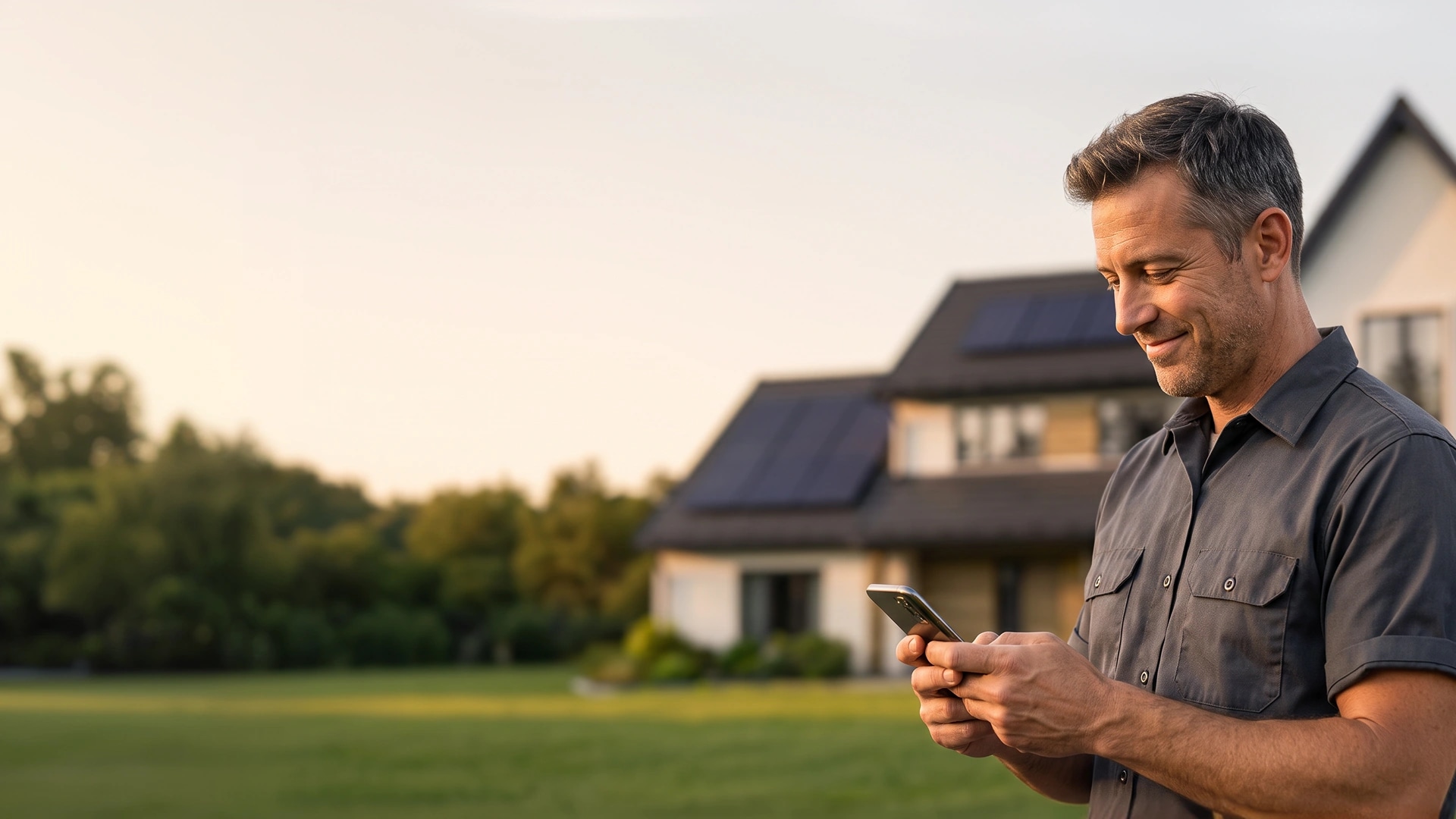 A service technician checking the Shipshape app on his phone in front of a home at golden hour