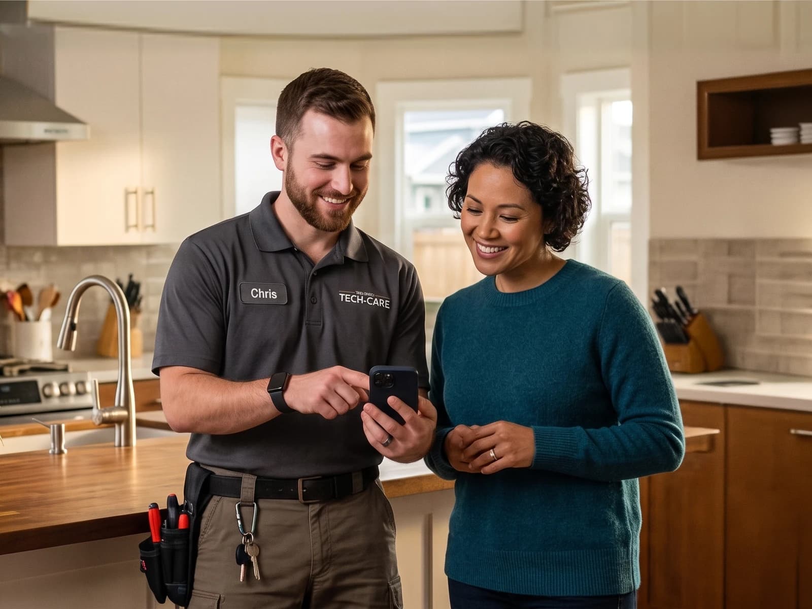 Service professional walking a homeowner through their Home Health Score in the kitchen