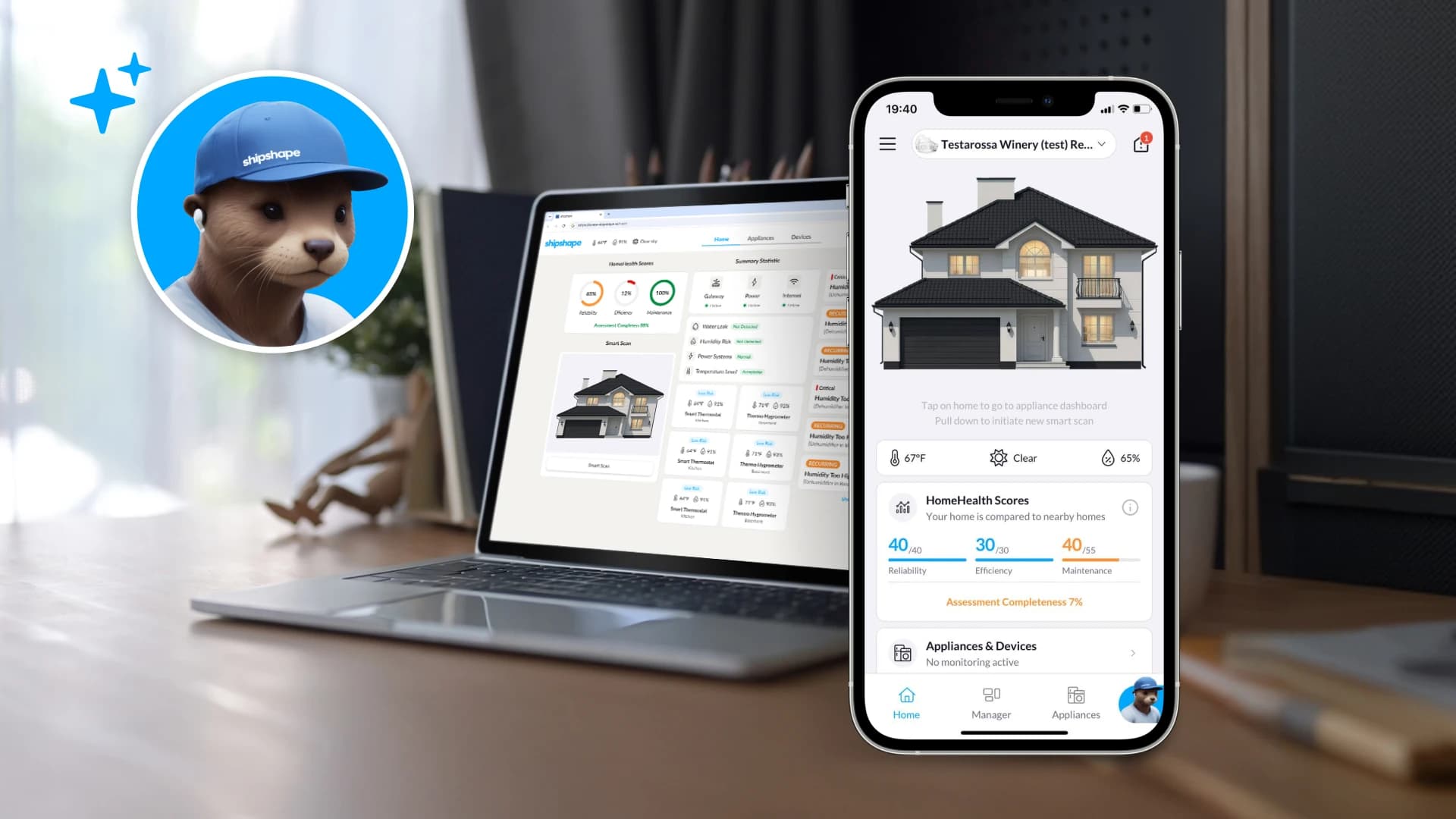 Shipshape dashboard on a laptop and the homeowner app on a phone