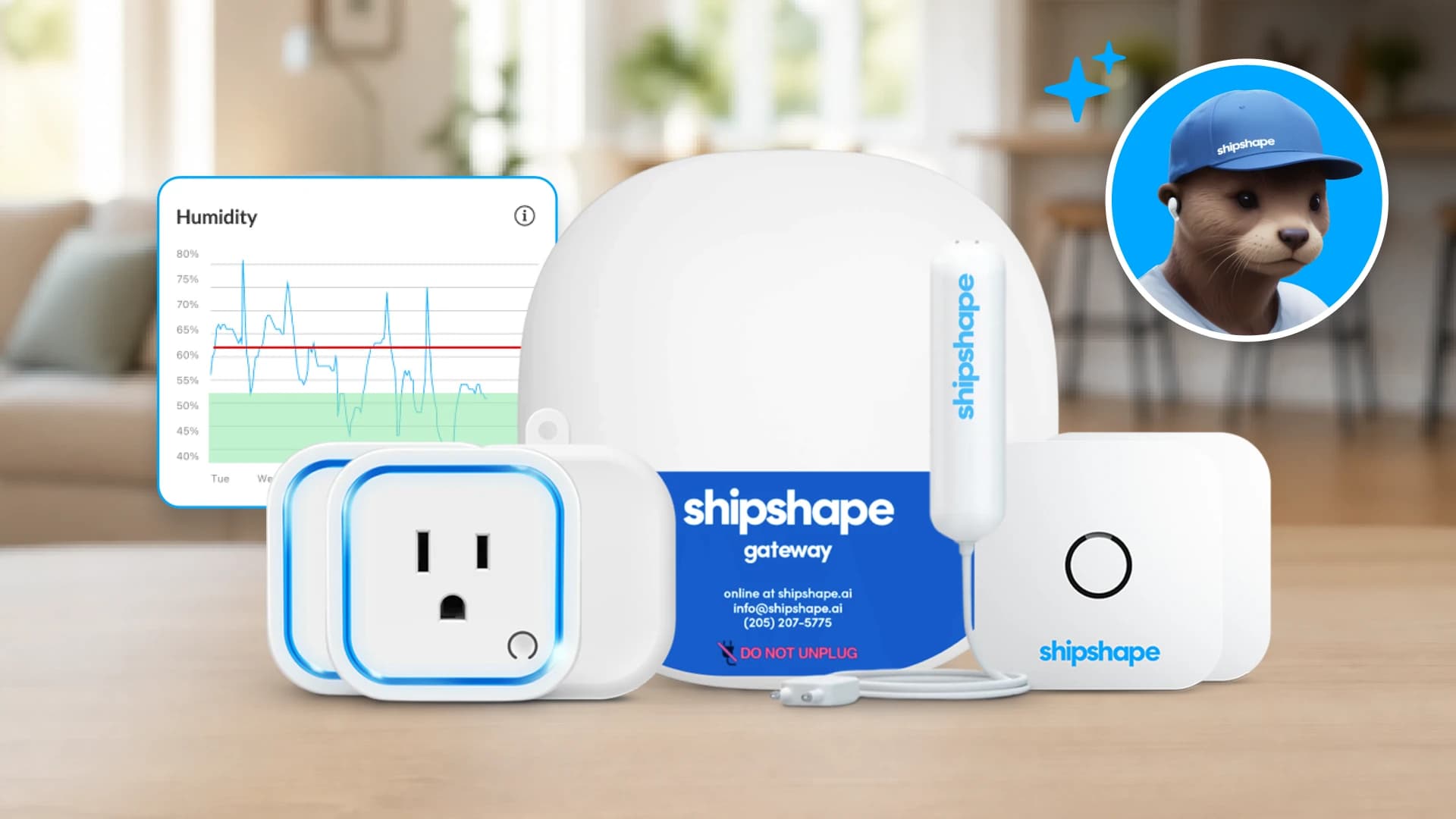 Shipshape Smart Monitoring Kit: gateway, smart plugs, water sensor and humidity chart
