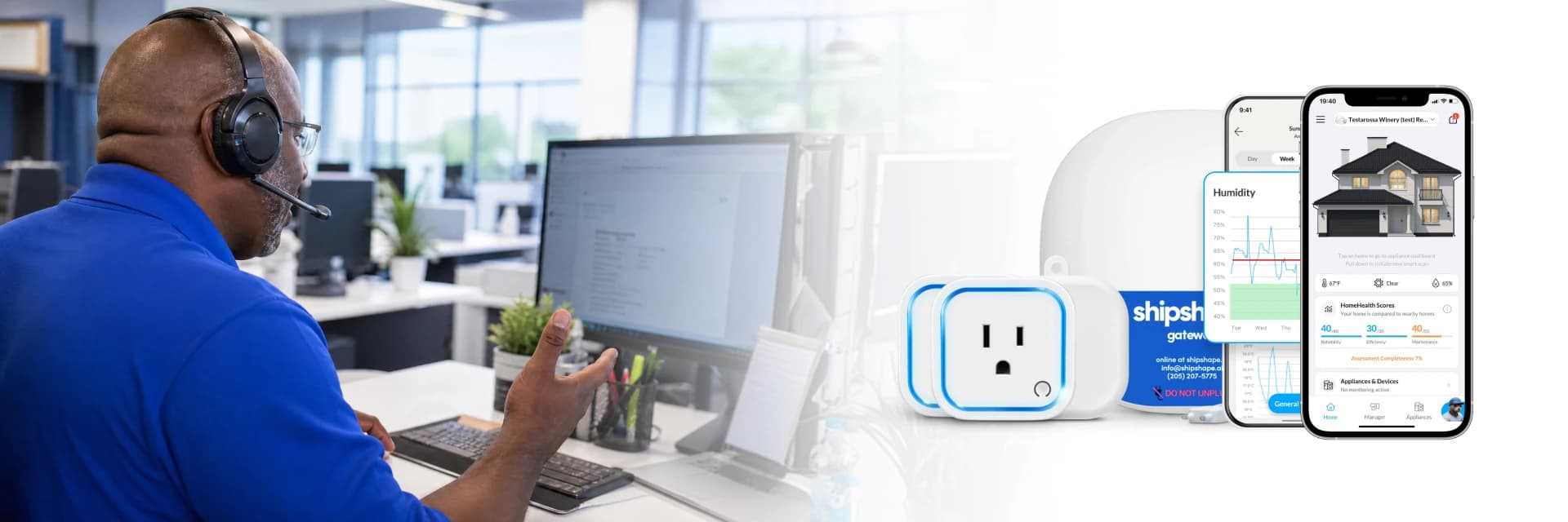 Shipshape support specialist at a desk, with the gateway, smart plugs, and the homeowner app