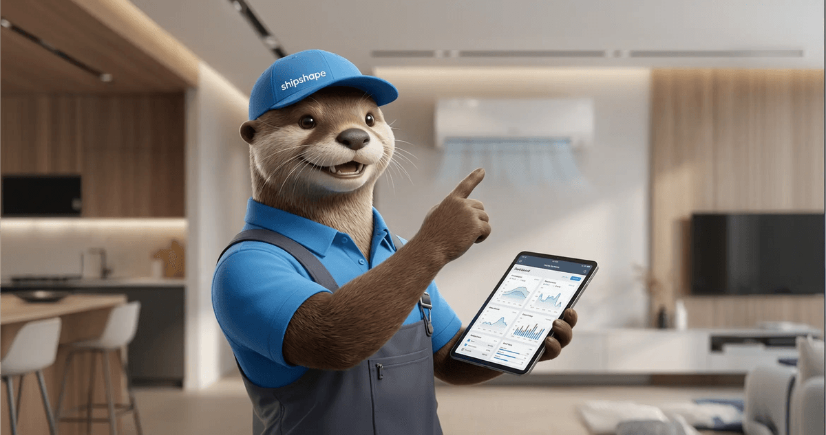 SAM — Shipshape AI assistant holding a tablet with home analytics