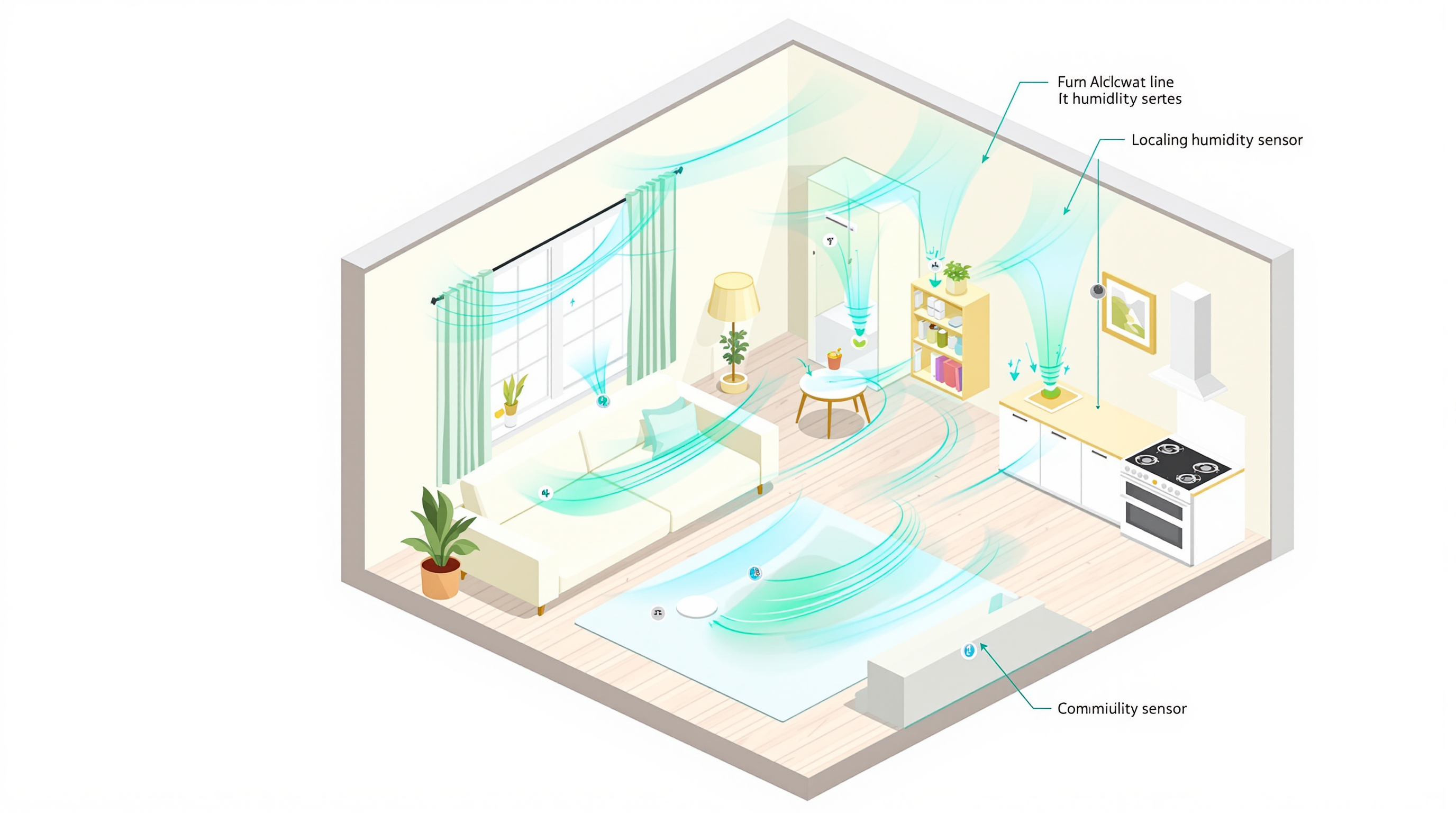 Illustration showing how humidity moves through a home, with sensors near bathrooms, kitchens, exterior walls, and HVAC vents reading different values