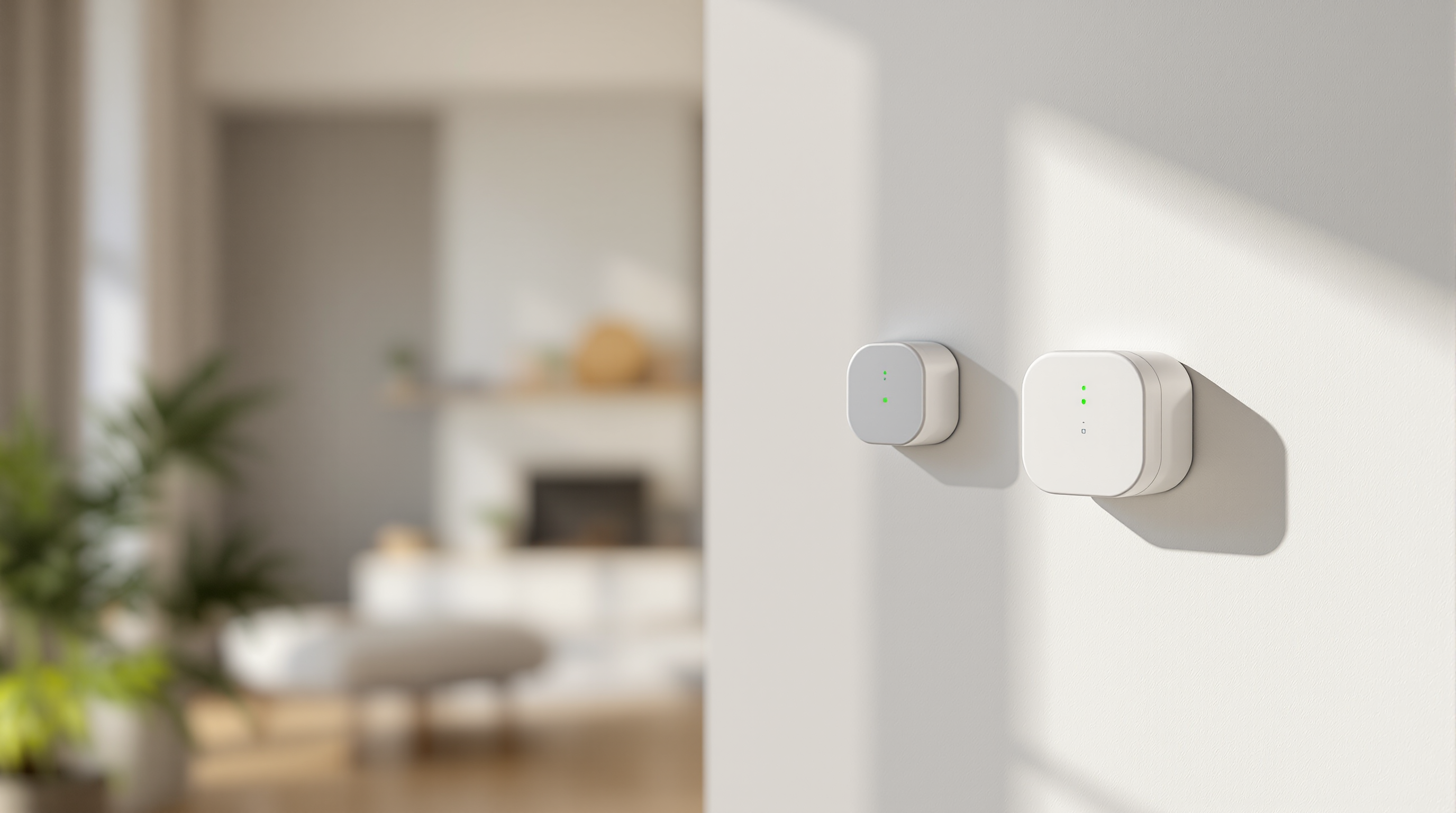 Two humidity sensors mounted on a clean light gray wall in a modern home interior with soft natural light
