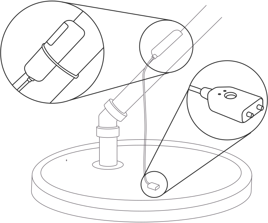 Diagram from the Shipshape installer app showing the water sensor body taped to the discharge PVC pipe, the cable hanging down, and the probe with two metal prongs resting on the sump basin lid