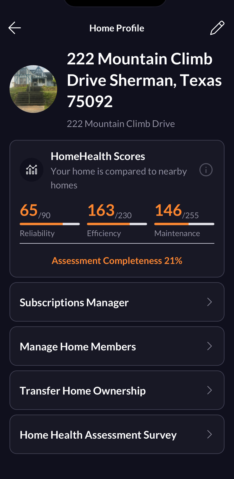 Home Profile screen showing the house address, HomeHealth Scores for Reliability, Efficiency, and Maintenance, an Assessment Completeness percentage, and a menu with Subscriptions Manager, Manage Home Members, Transfer Home Ownership, and Home Health Assessment Survey