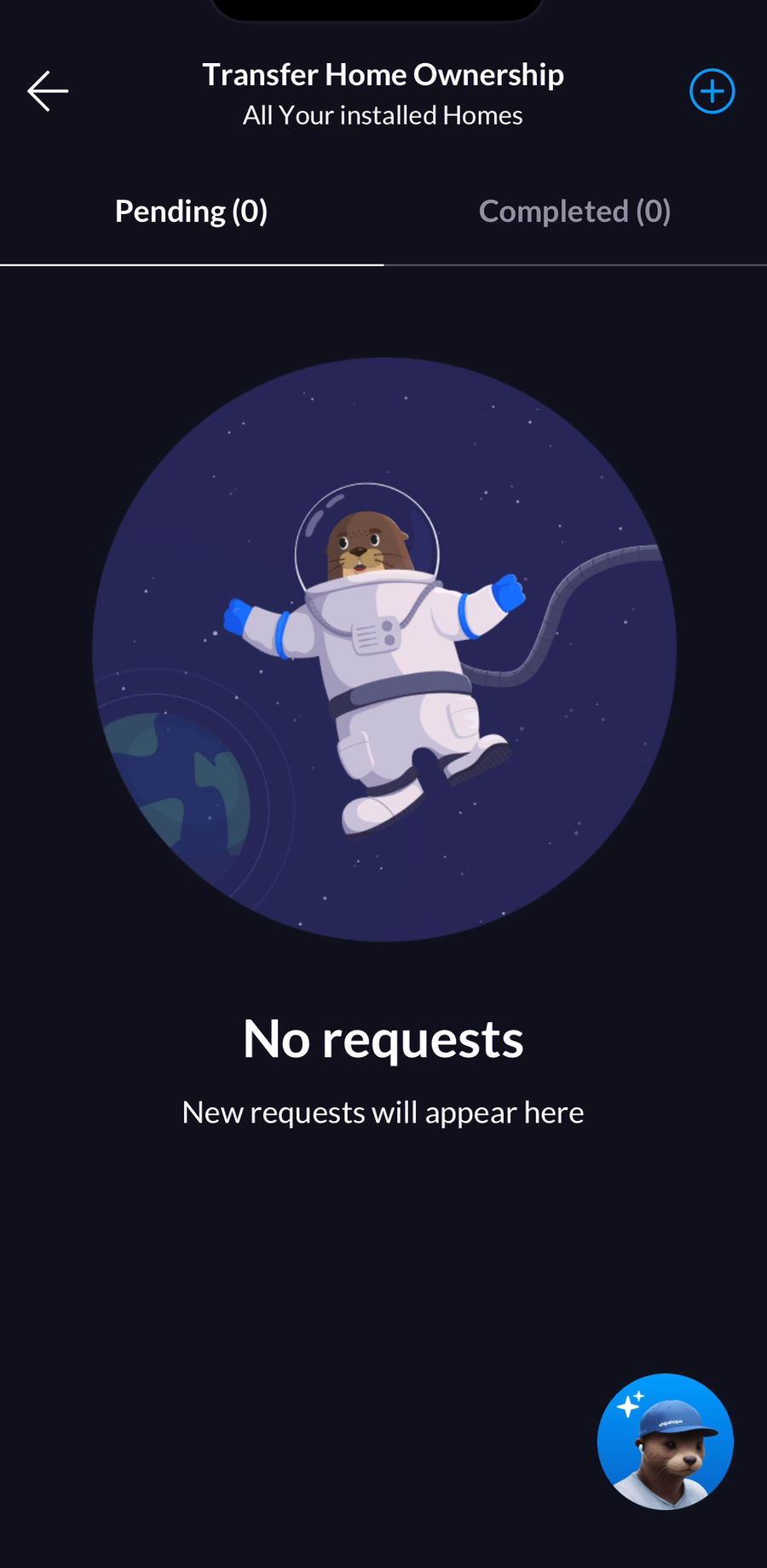 Transfer Home Ownership screen subtitled All Your Installed Homes, with Pending and Completed tabs both showing zero, an empty state reading No requests, New requests will appear here, and a plus button in the top right corner