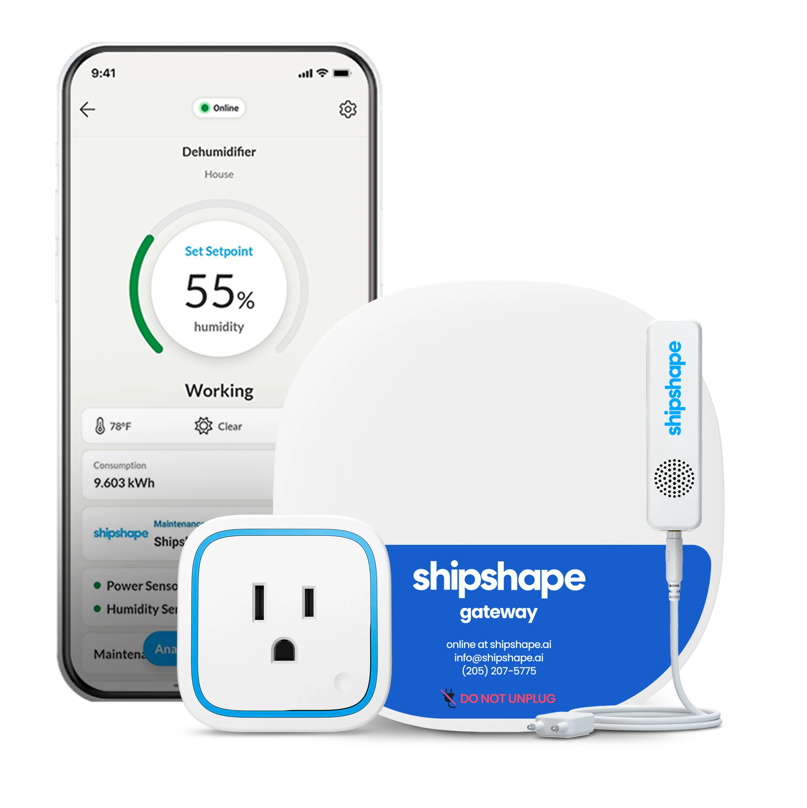 Shipshape Monitoring Kit — Gateway, Smart Switch, Water Sensor, and app